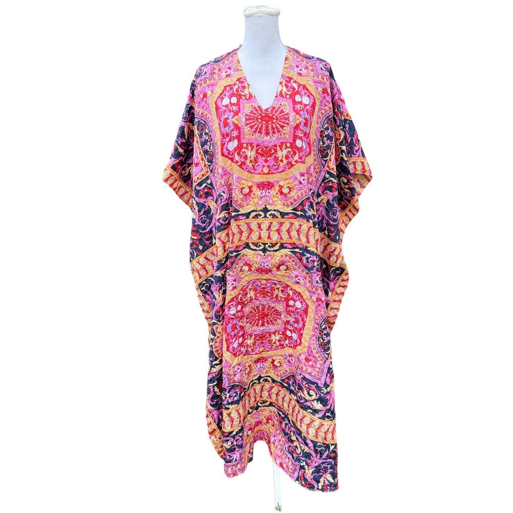 Winlar Womens Caftan Maxi Dress Pink Gold Baroque Medallion V-Neck Loungewear OS